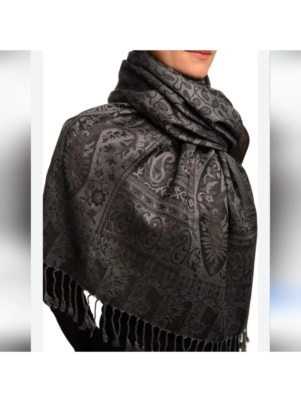 Wool Scarf Wrap With Paisley Jacquard Design Gray & Black  Soft Merino Wool